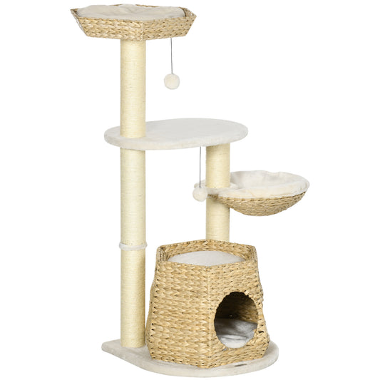 Multilevel cat tree with sisal posts and woven basket perches