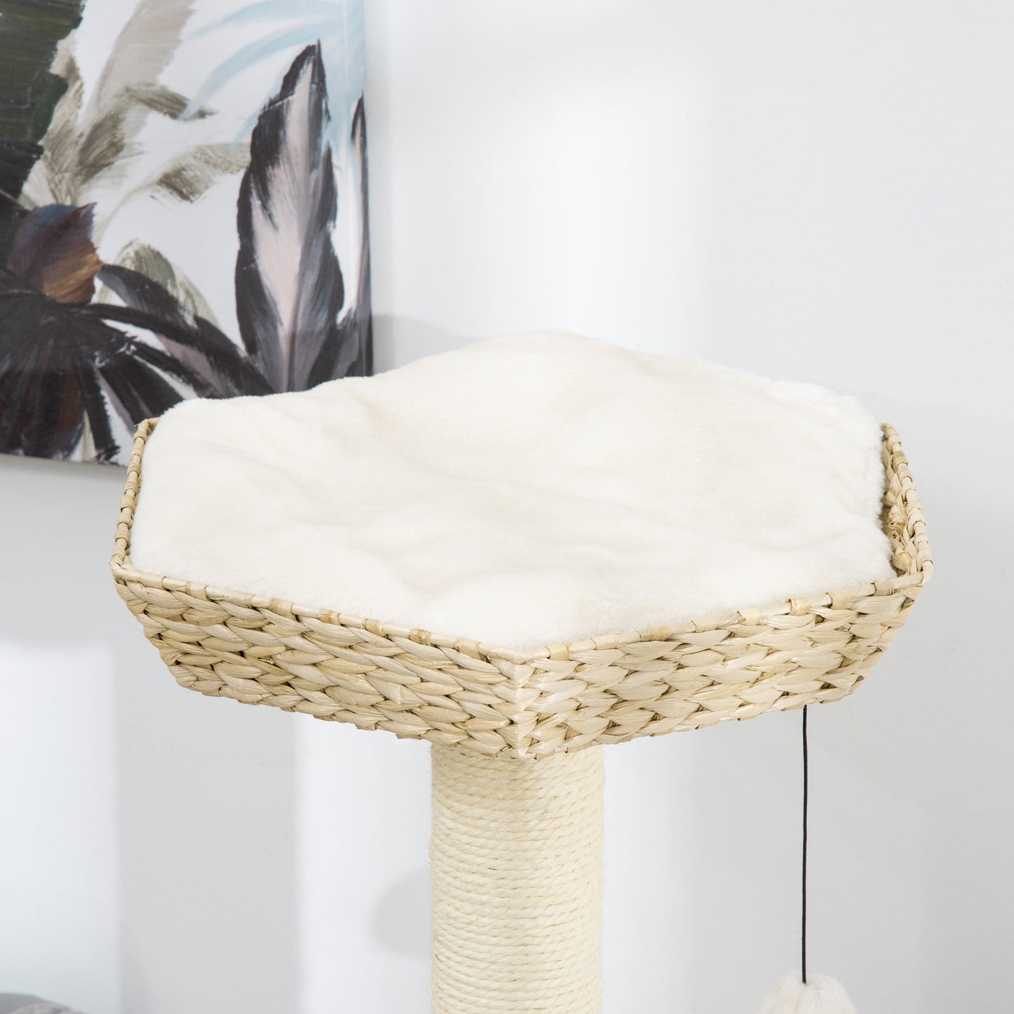 Hexagonal cat perch with soft white cushion and woven natural fiber border