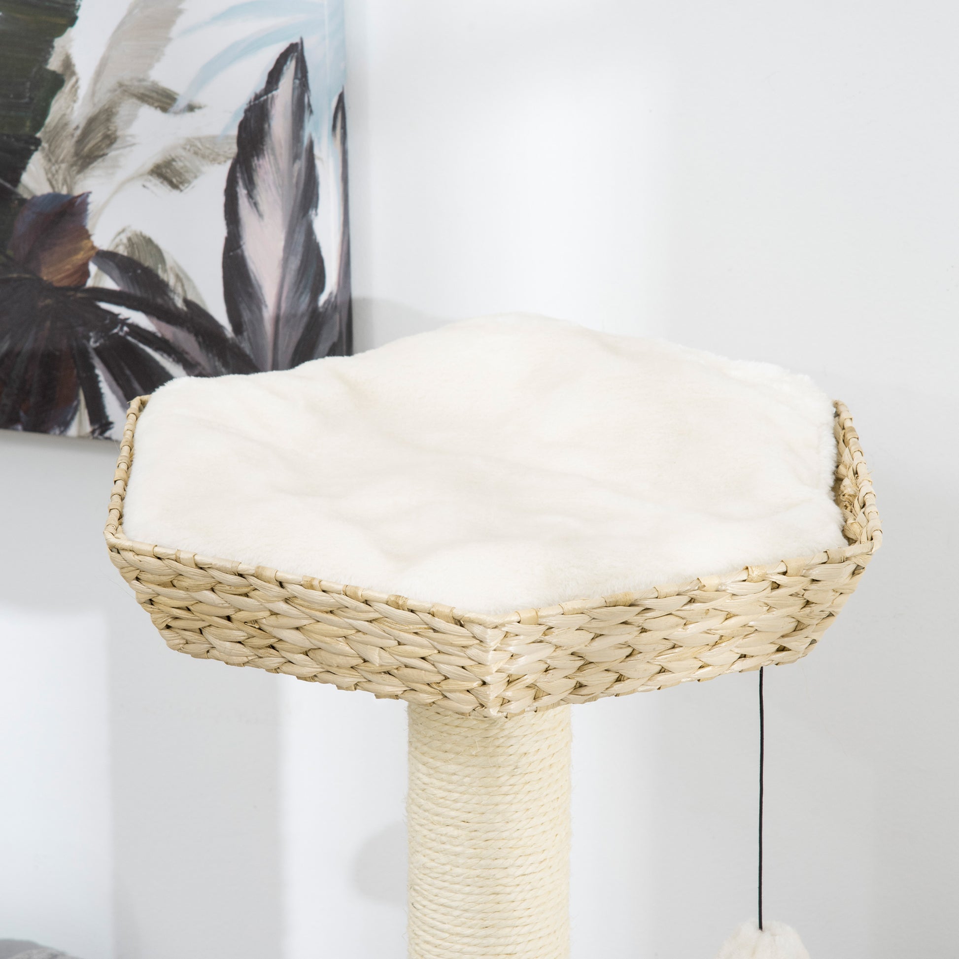 Hexagonal cat perch with soft white cushion and woven natural fiber border