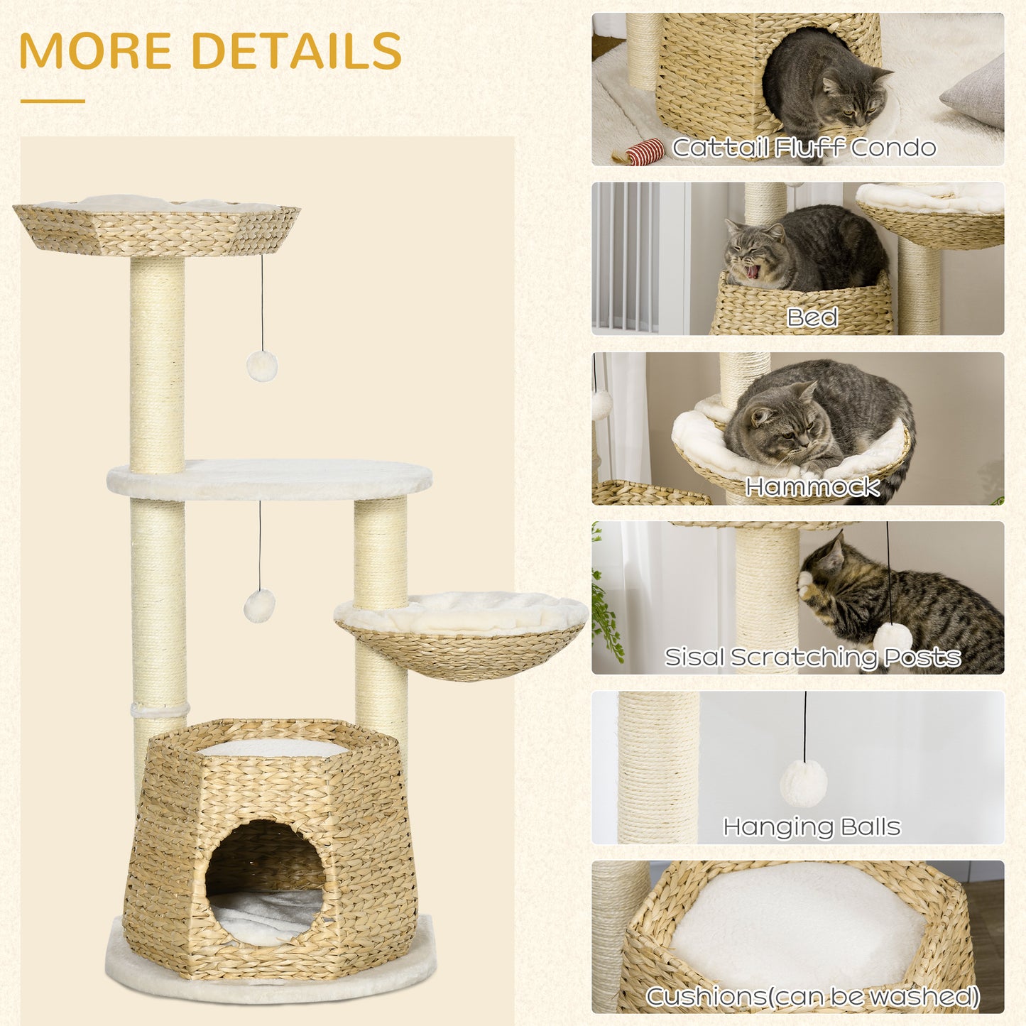 Cat tree with woven condo for cats featuring sisal scratching posts and plush perches