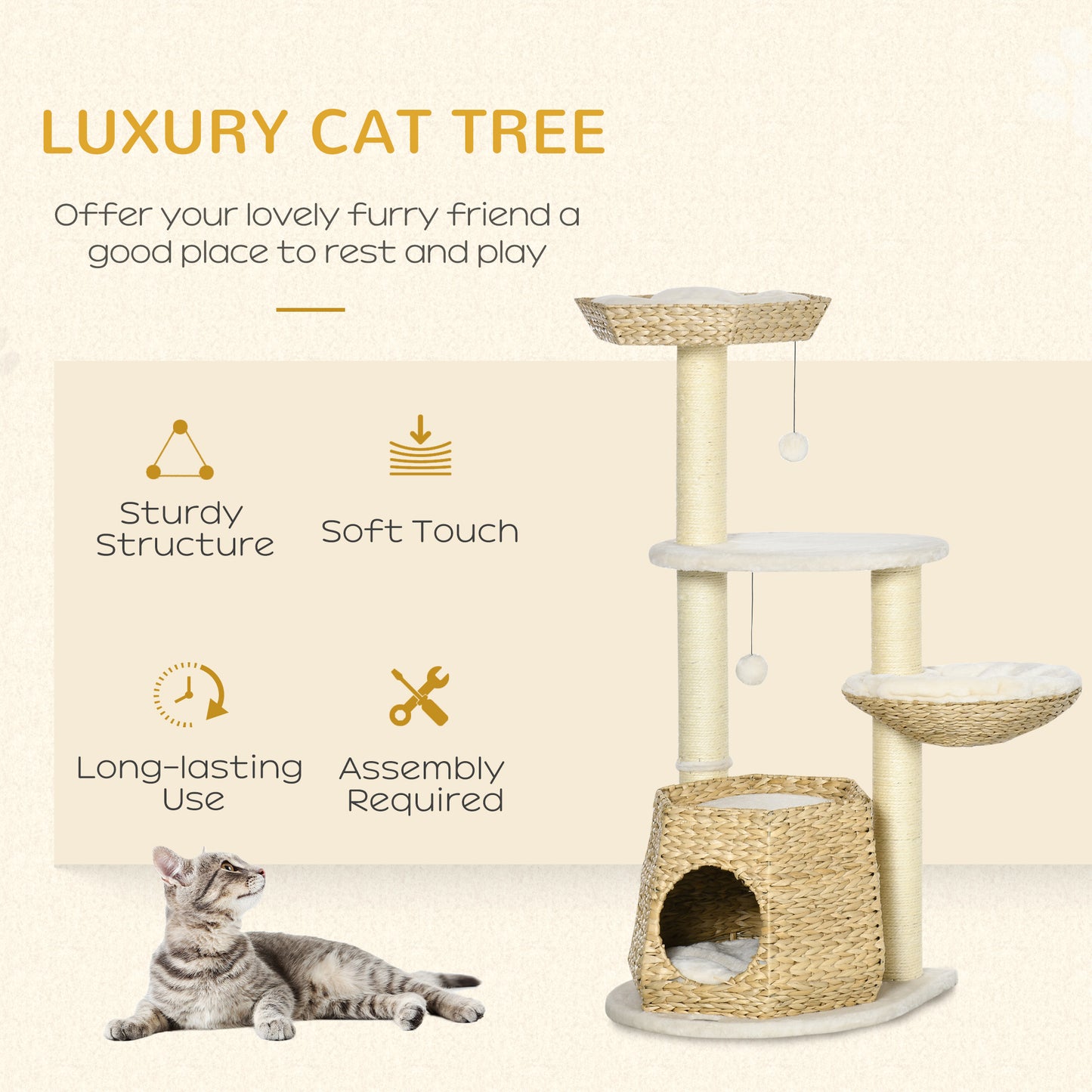 Multilevel cat tree with scratching posts perches and a wicker hideaway for cats