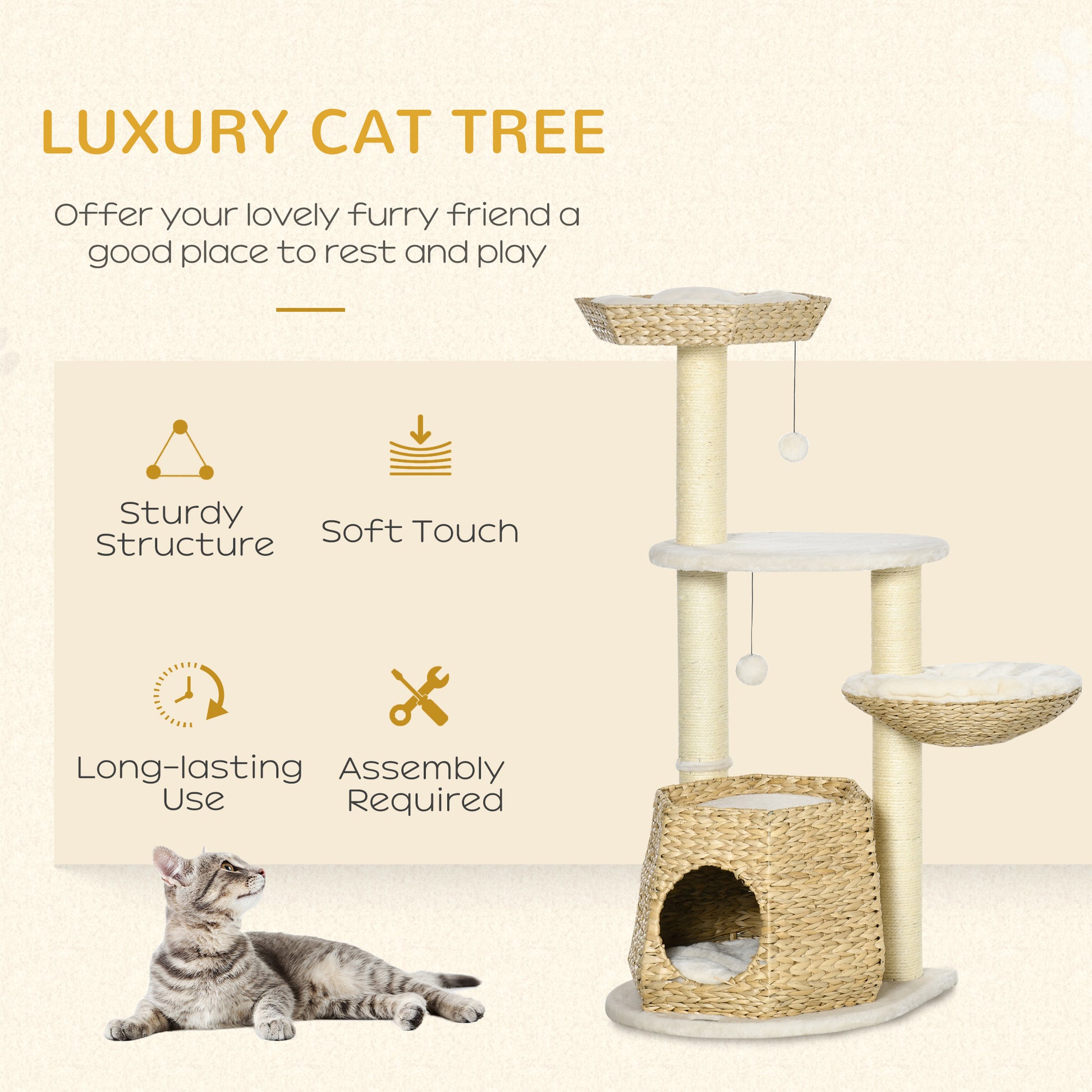 Multilevel cat tree with scratching posts perches and a wicker hideaway for cats