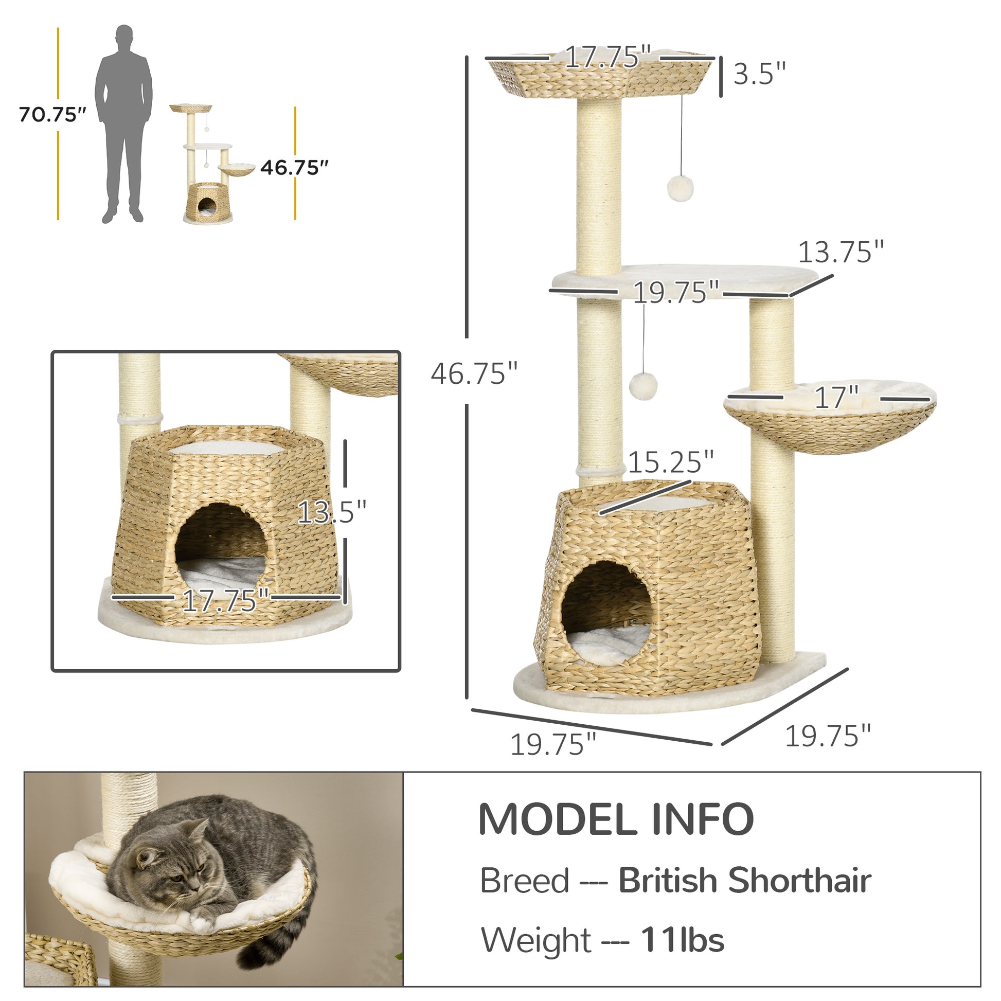 Multilevel cat tree with woven condo and sisalwrapped posts