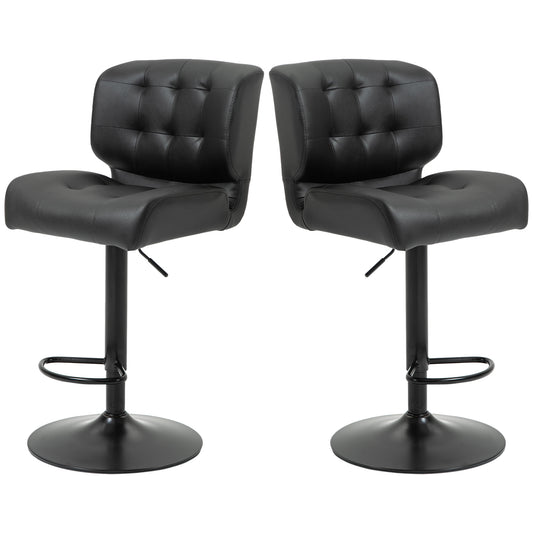 Two black tufted leather bar stools with adjustable height and footrest perfect for modern kitchens