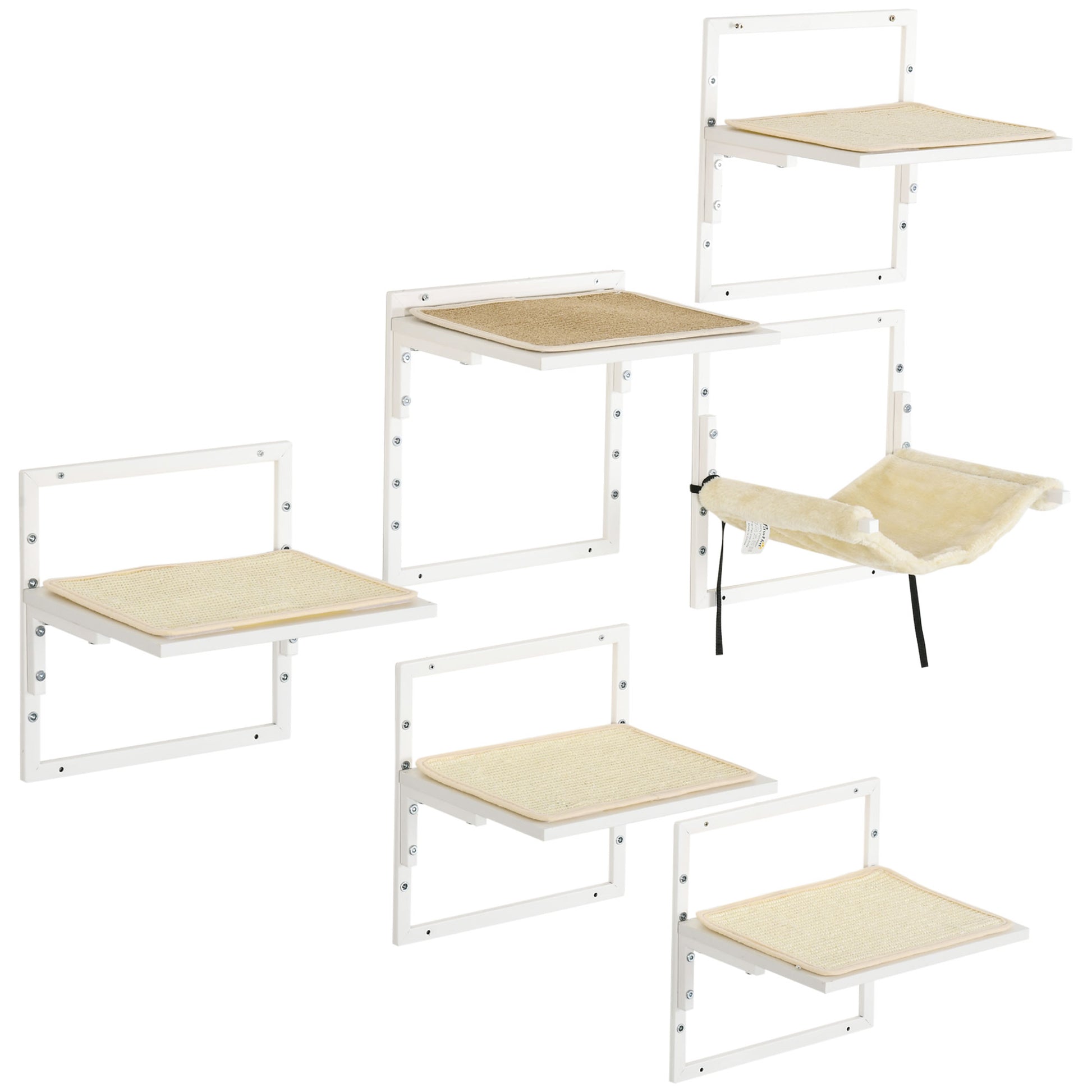 White wallmounted cat perch with sisal scratching surface for climbing and lounging