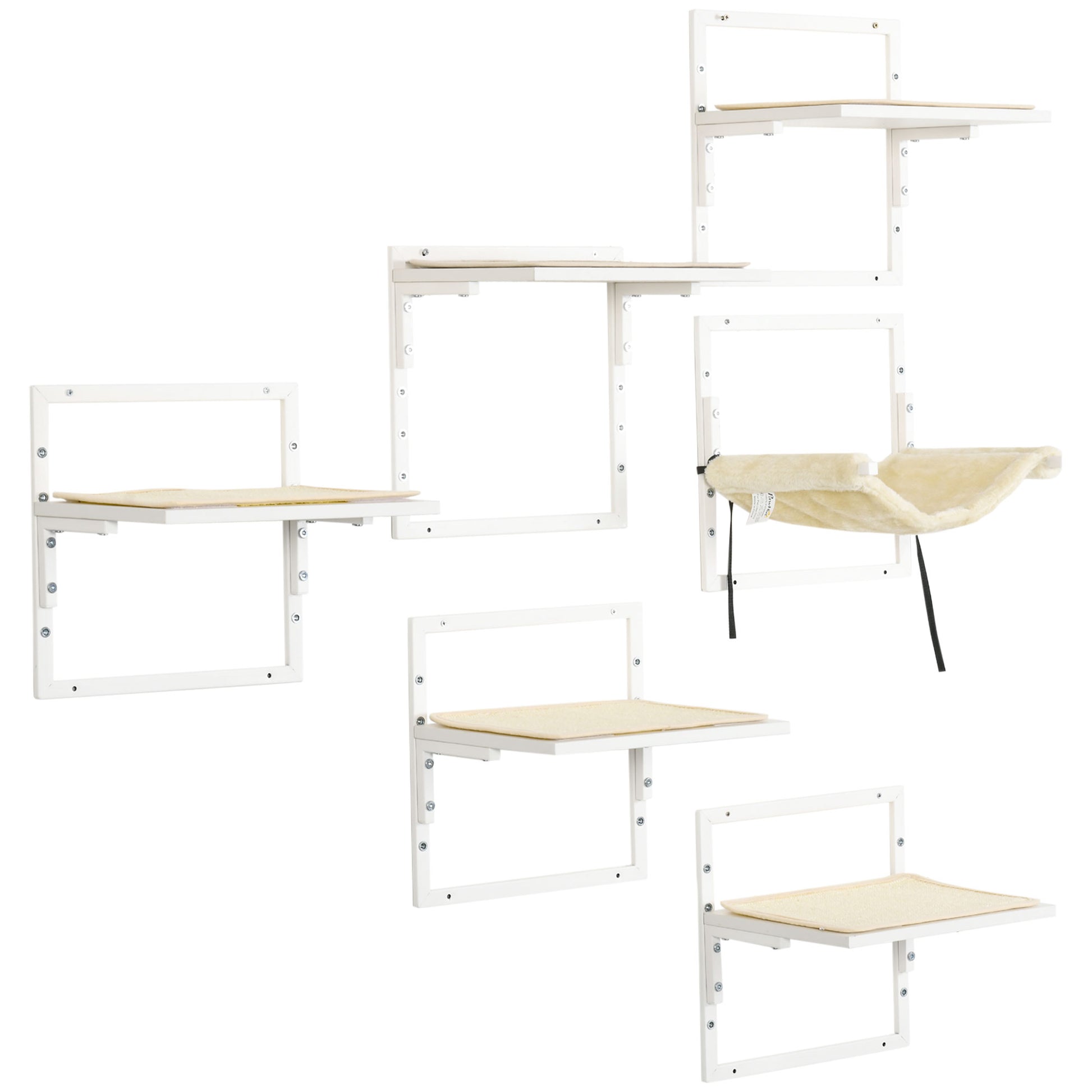 White modular cat shelves with beige sisal pads and a plush hammock