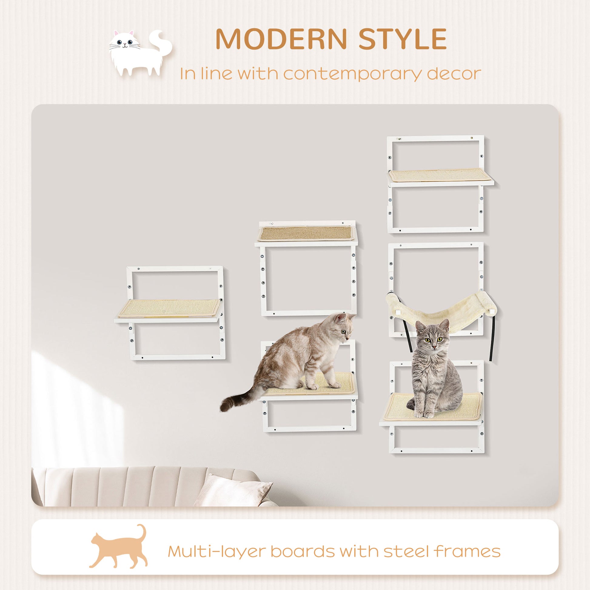 Wallmounted cat shelves with sisal scratching posts and modern design