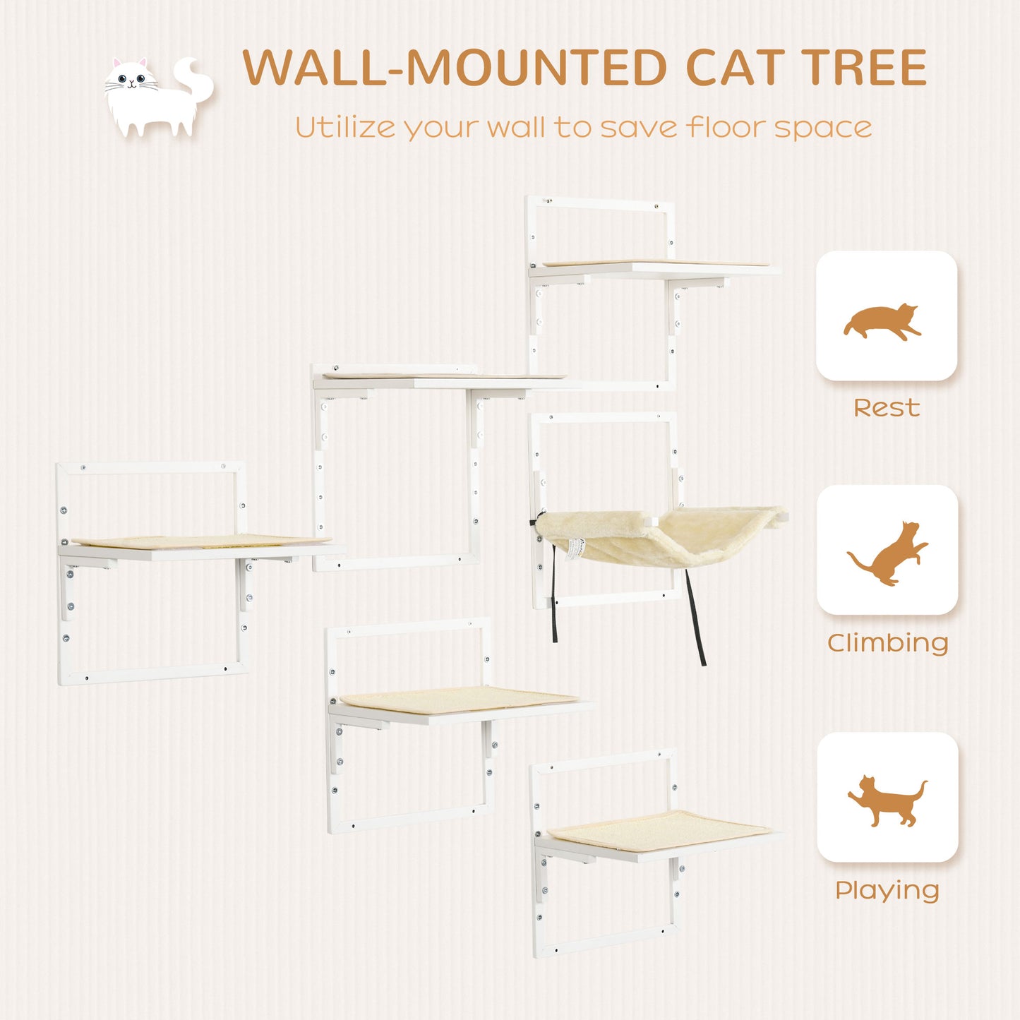 White wallmounted cat tree with multiple platforms for climbing and resting