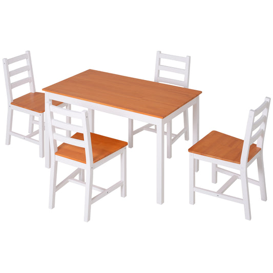 Wooden dining set with white legs and brown seats