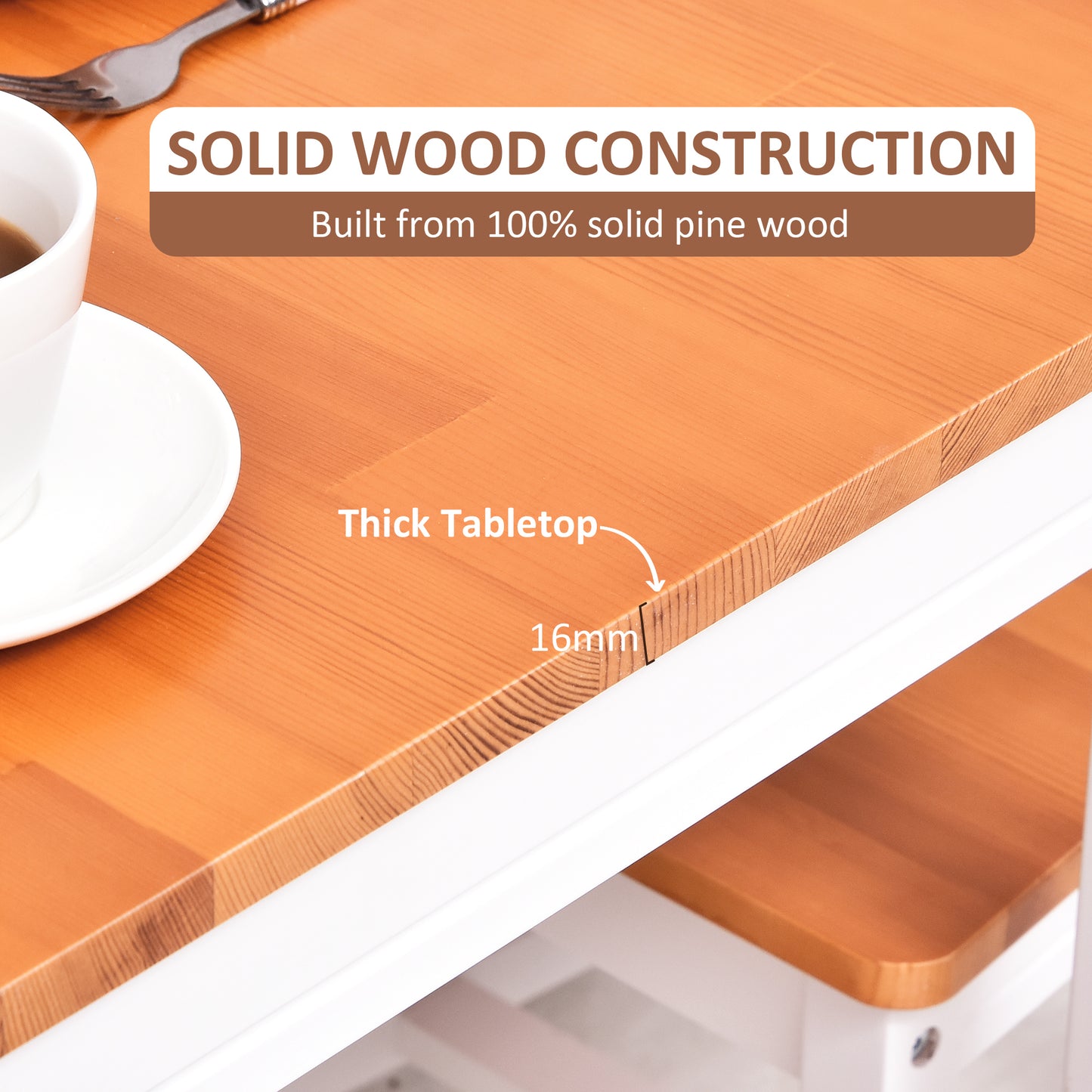 Closeup of a thick mm solid pine wood tabletop with natural grain perfect for dining