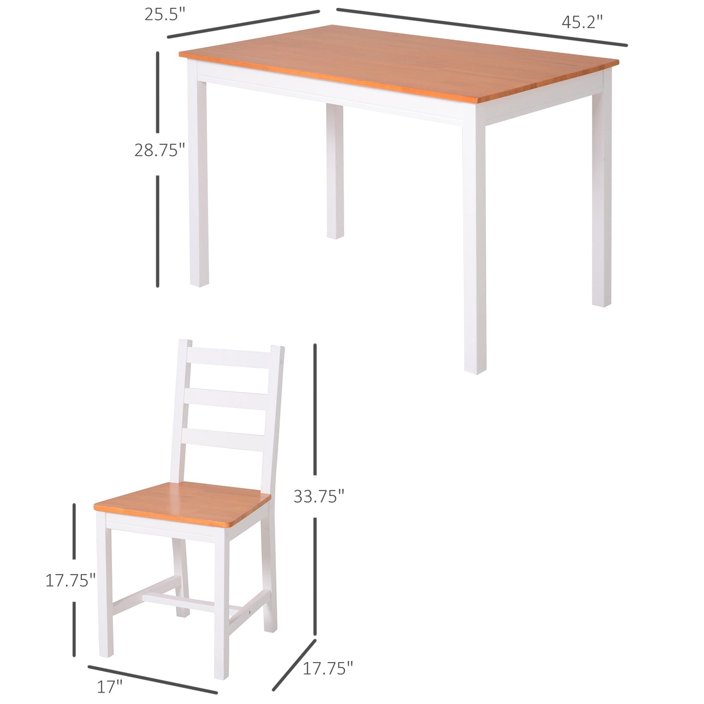 White and wood dining table with white chair measuring  L