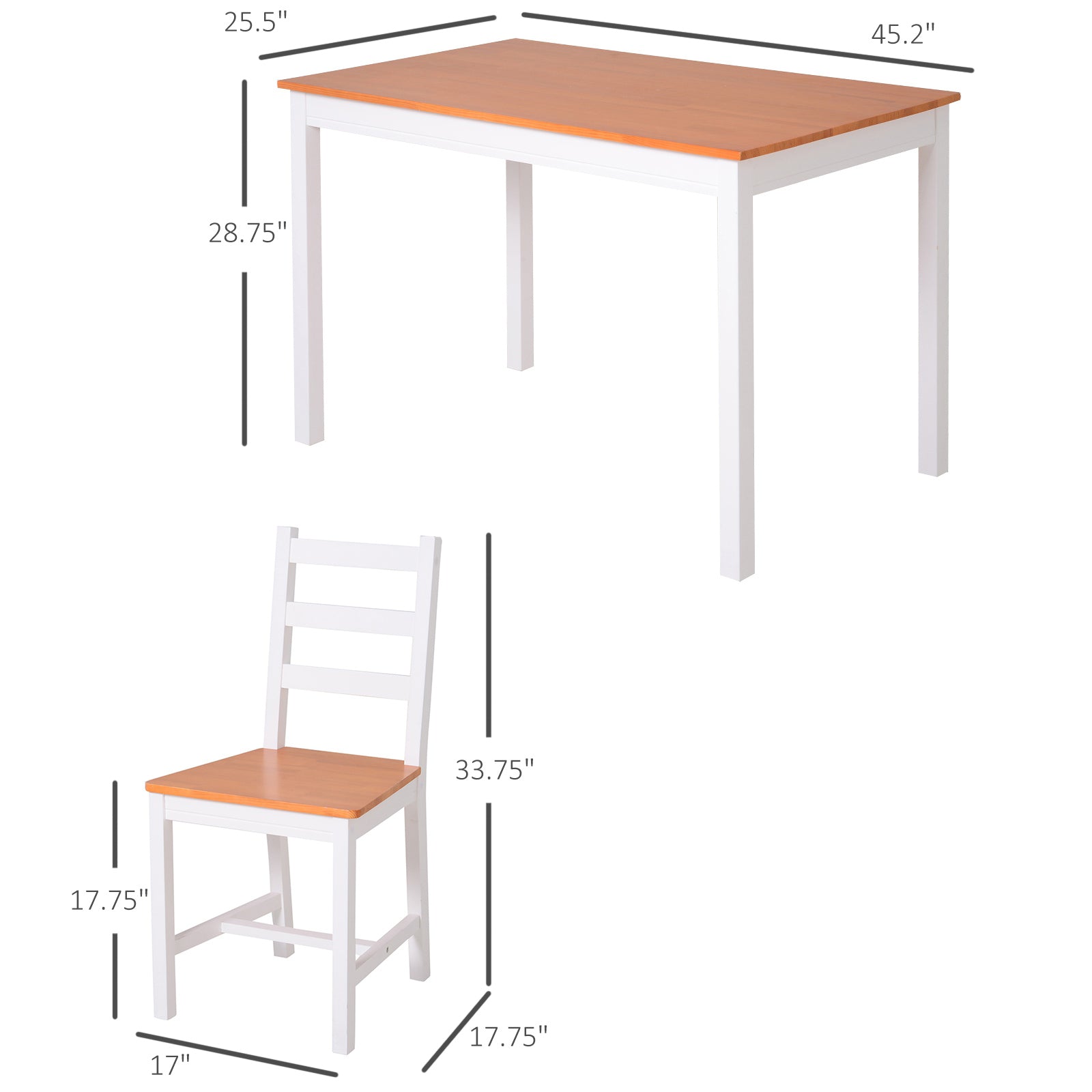 White and wood dining table with white chair measuring  L
