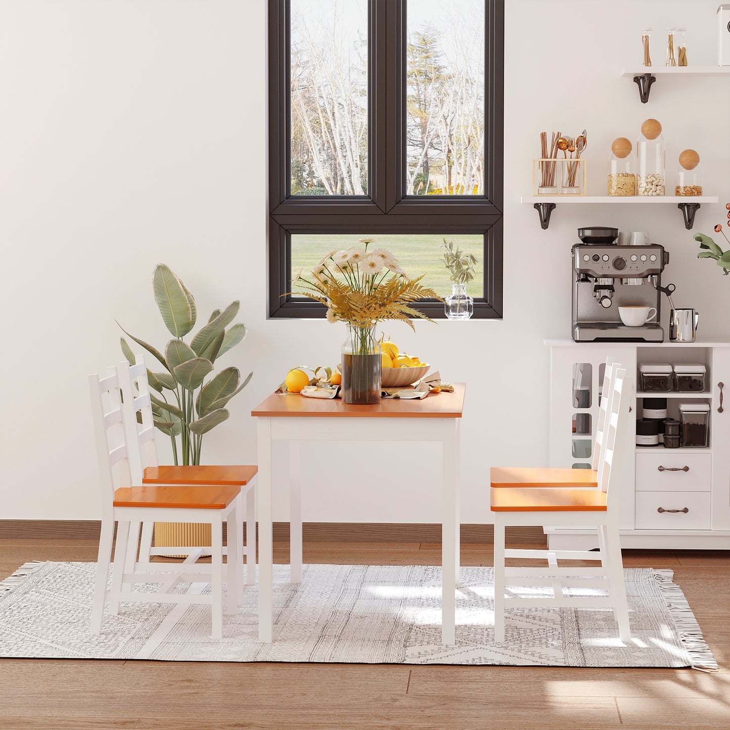 White and wood dining set with orange seat chairs