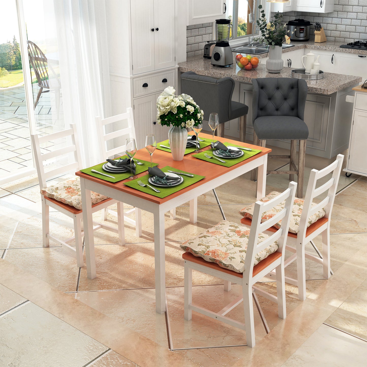 White wooden dining table with orange top set for four with green placemats and floral cushion chairs