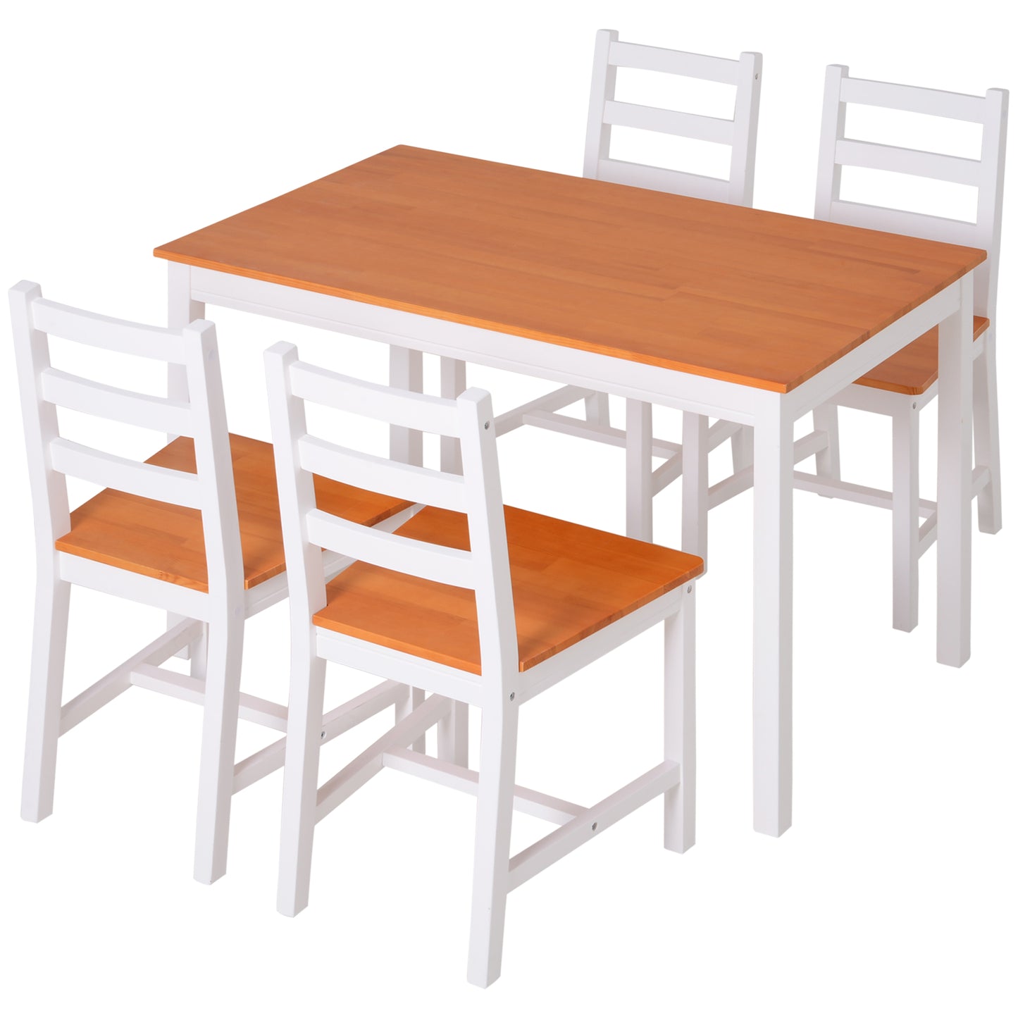 White and wood dining set including a rectangular table and four chairs with slatted backs