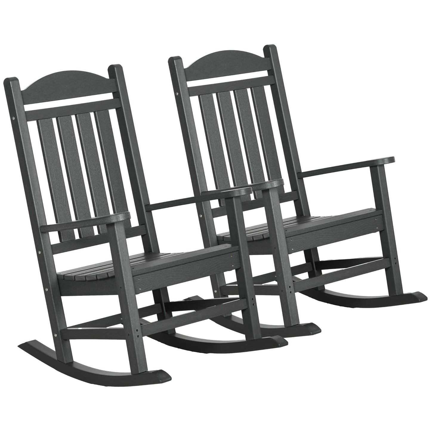 Two dark gray rocking chairs with slatted seats and backs