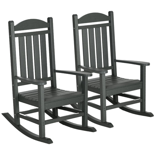 Pair of dark gray resin rocking chairs with slatted seats and backs perfect for patio relaxation