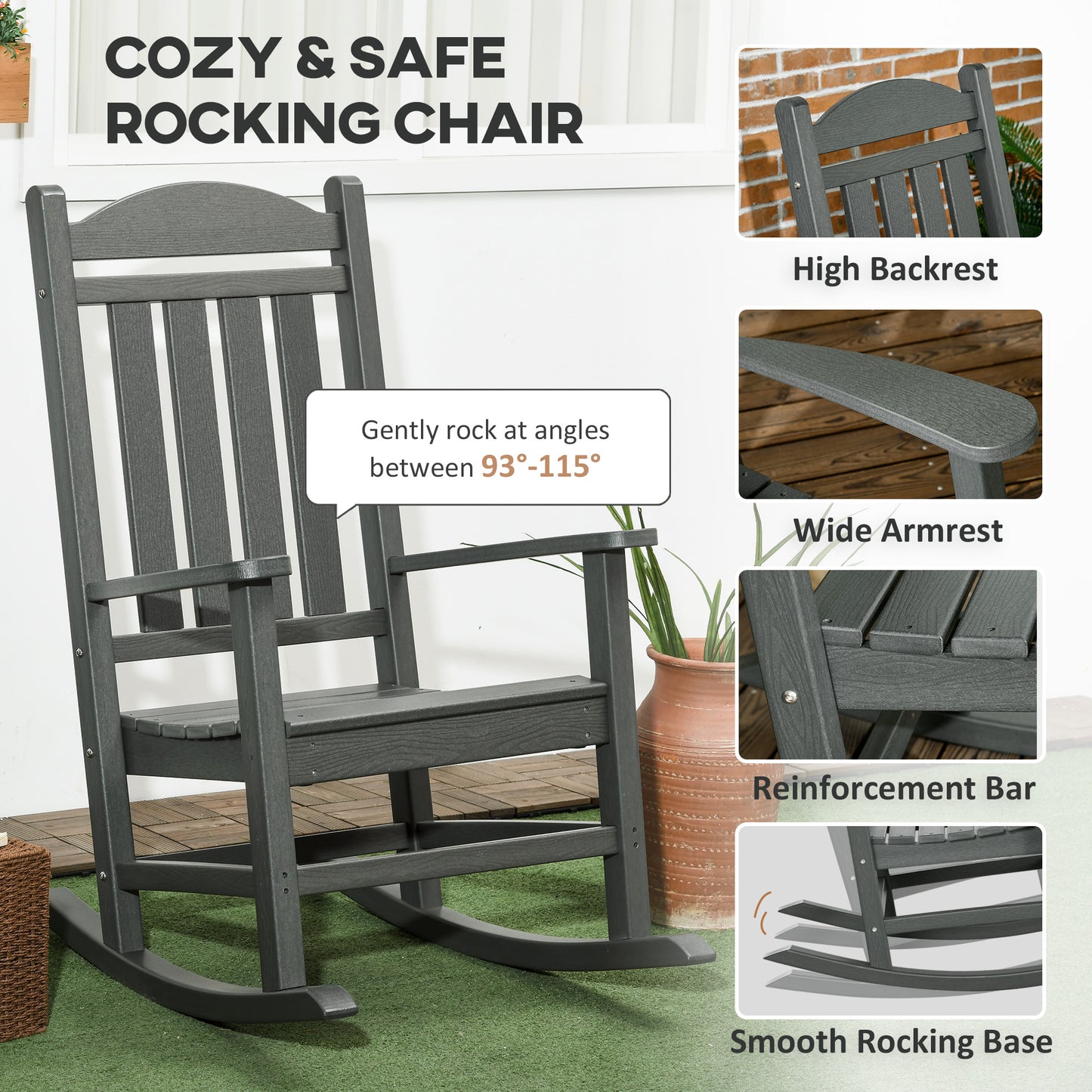 Dark gray polywood rocking chair with high backrest and wide armrests