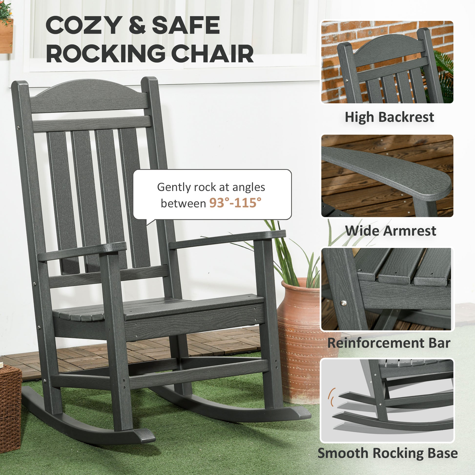 Dark gray polywood rocking chair with high backrest and wide armrests