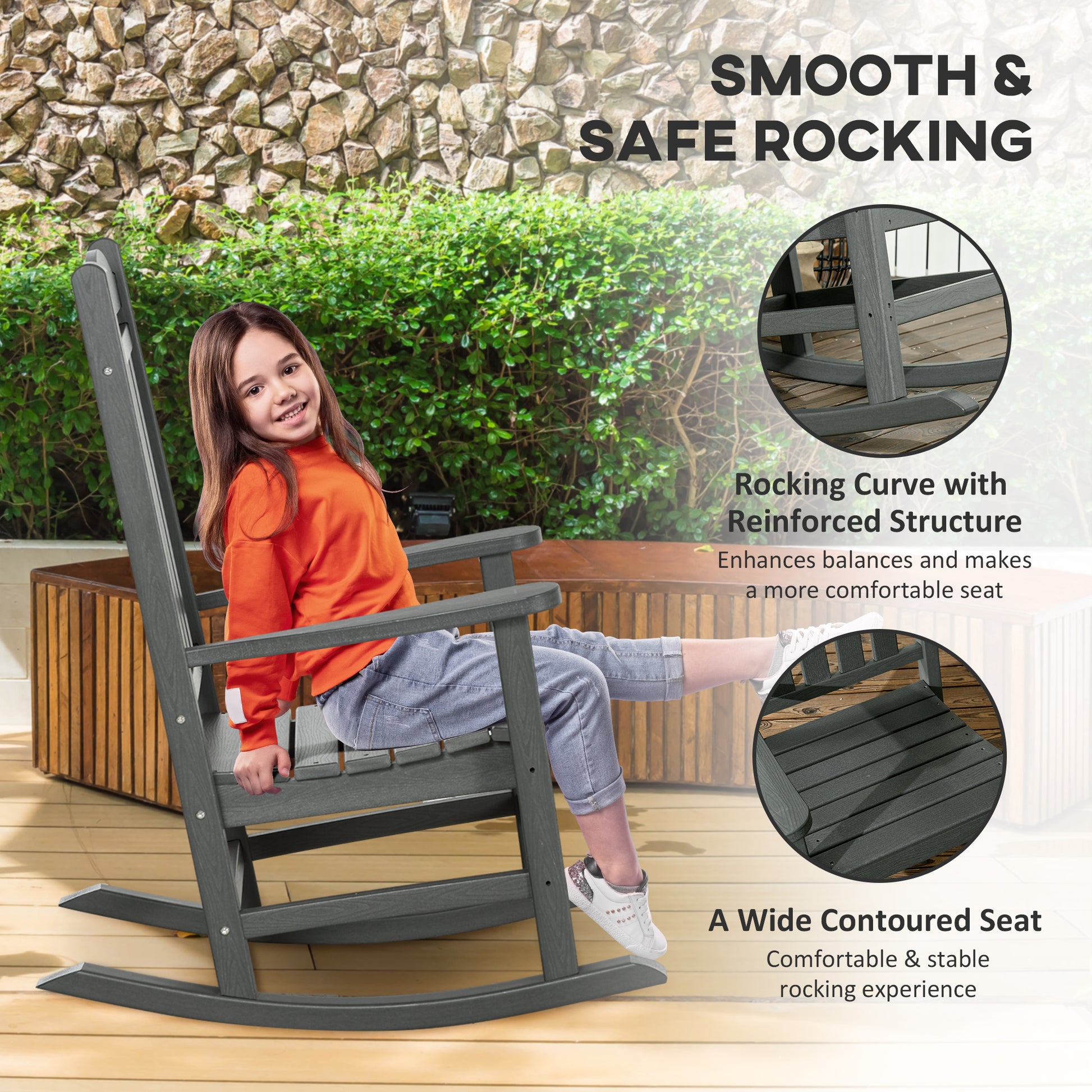 Dark gray HDPE rocking chair with wide contoured seat ideal for outdoor relaxation