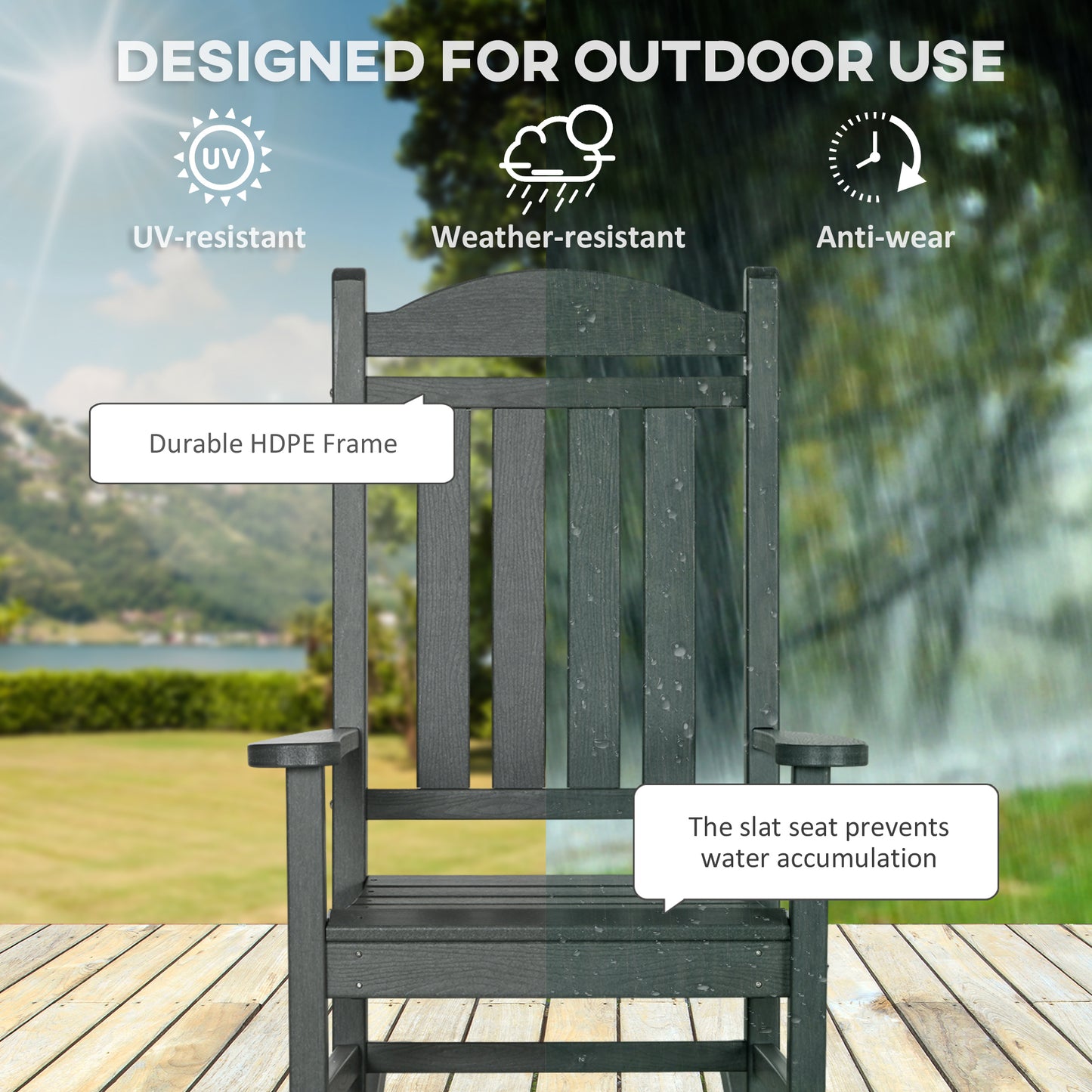 Dark grey HDPE rocking chair with durable frame designed for outdoor use