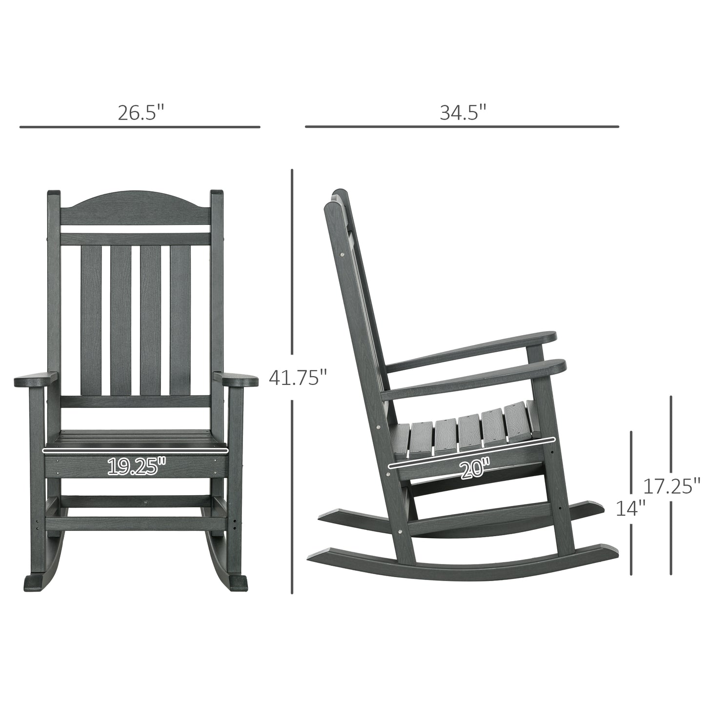 Dark gray composite rocking chair with slatted back and seat  wide