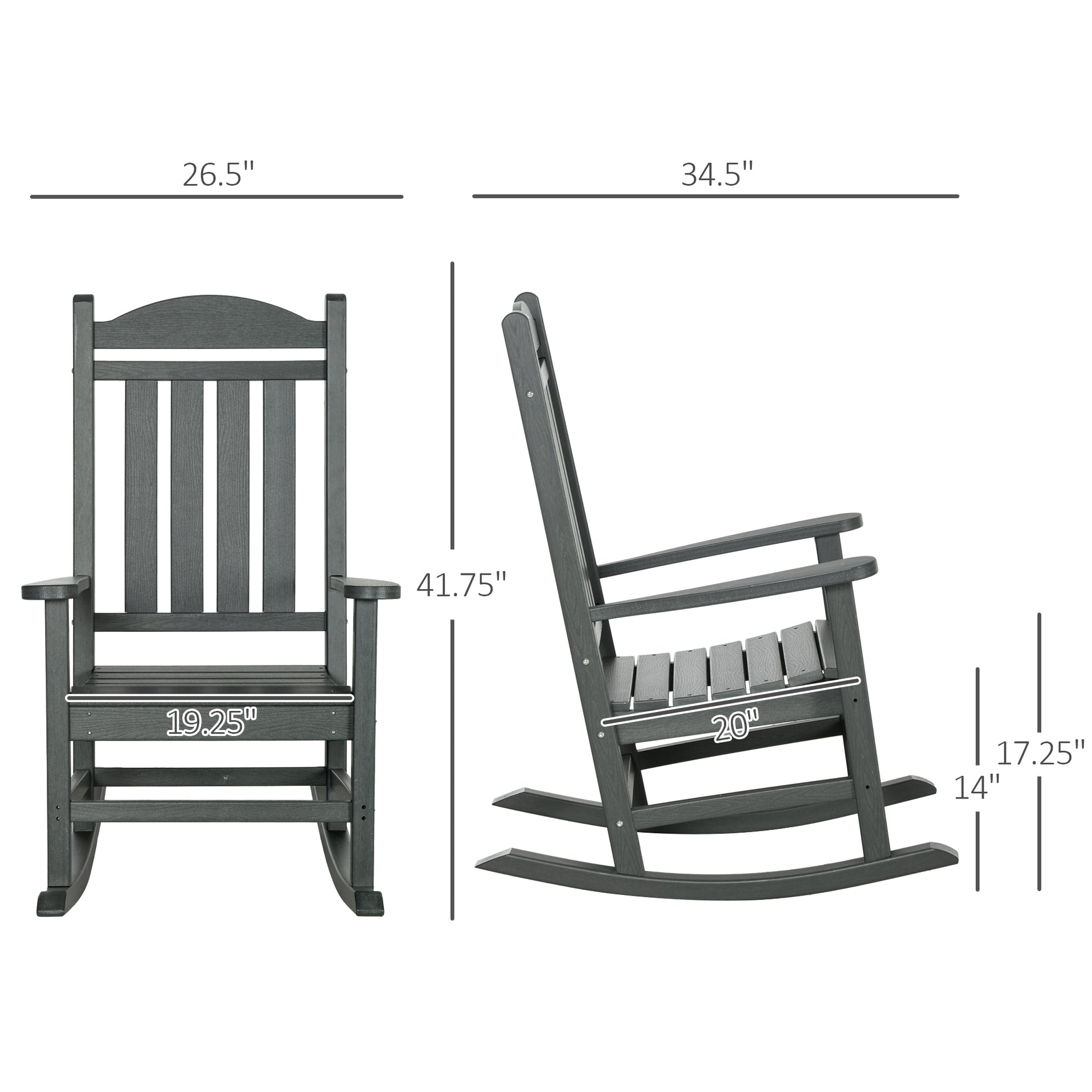 Dark gray composite rocking chair with slatted back and seat  wide