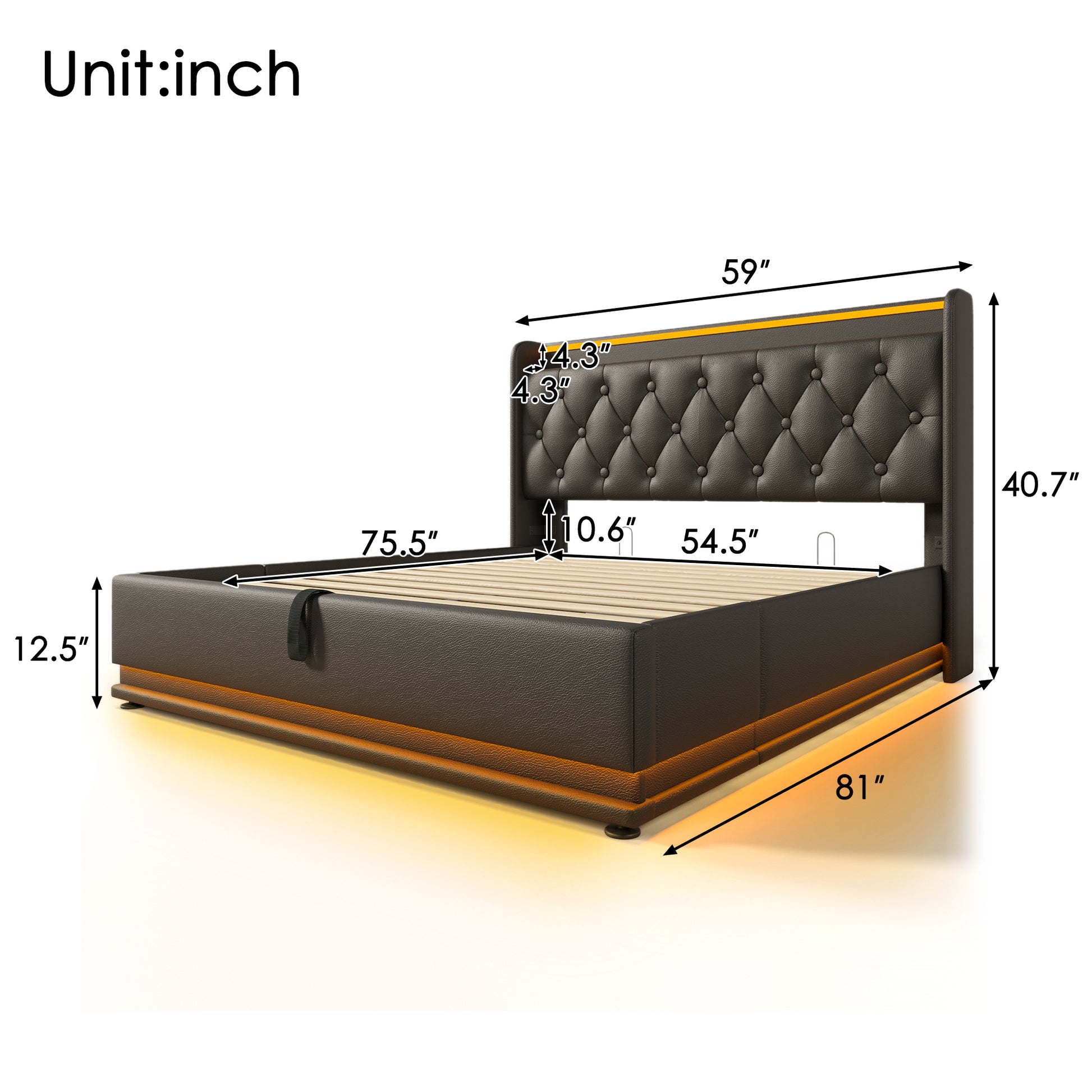 Tufted brown leather bed frame with LED lighting and dimensions