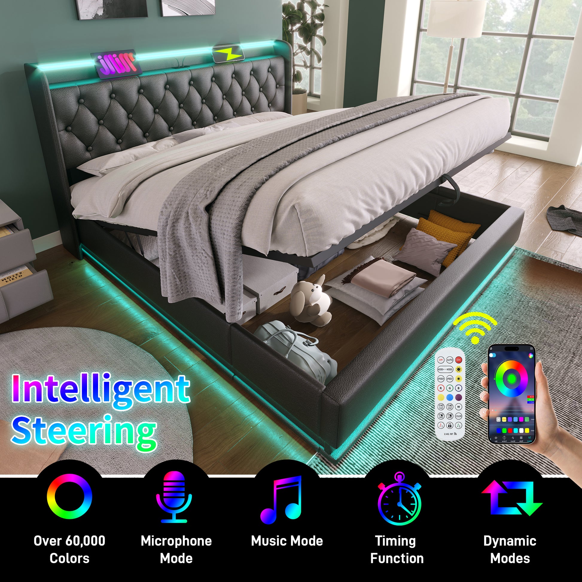 Tufted black leather bed frame with integrated LED lighting