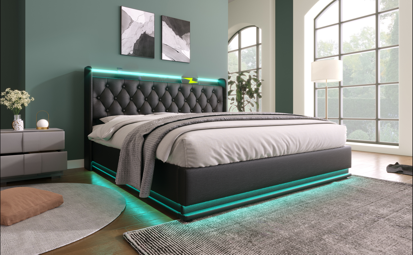 Black tufted platform bed with integrated teal LED lighting queen size modern design