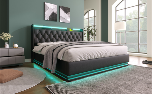 Black tufted platform bed with integrated teal LED lighting queen size modern design