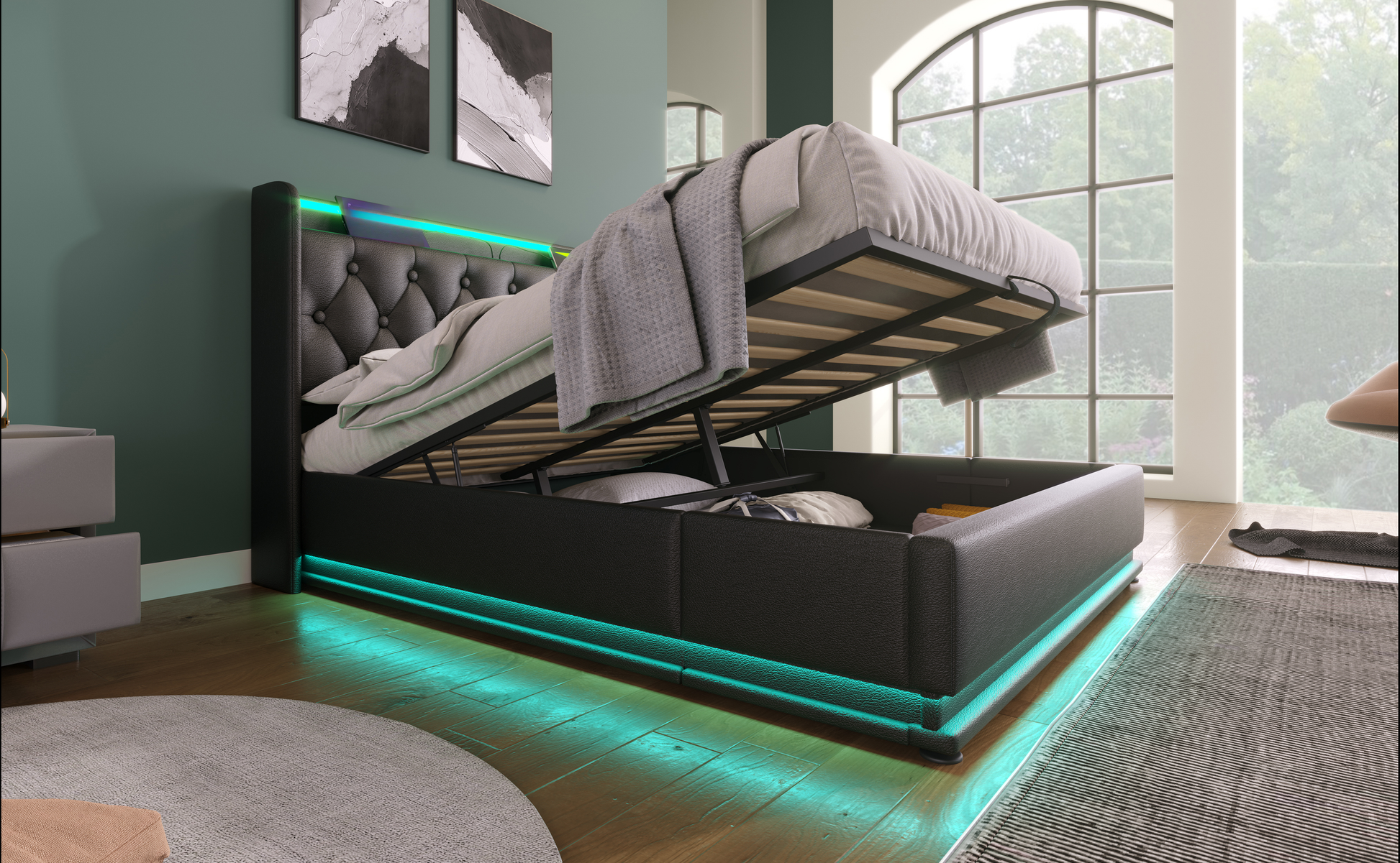 Black faux leather bed frame with diamond tufting and LED headboard lighting