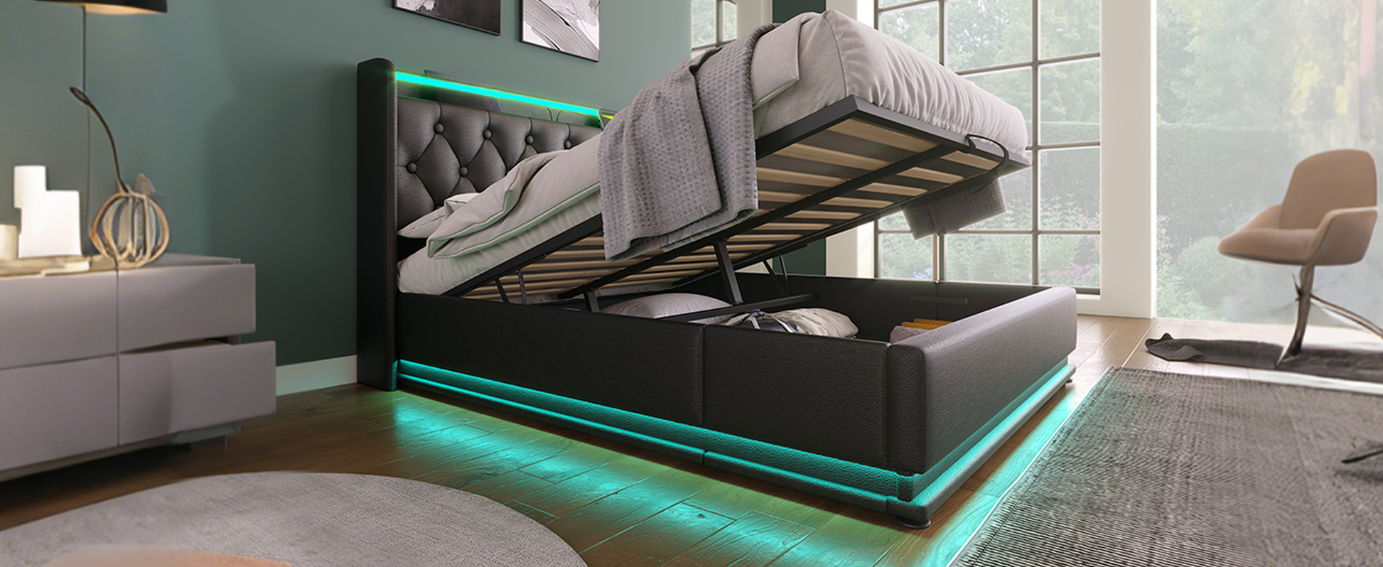 Black faux leather storage bed with tufted headboard and green LED lights