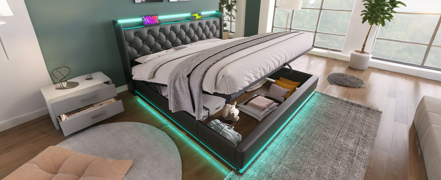 Dark gray tufted bed frame with LED lighting and liftup storage
