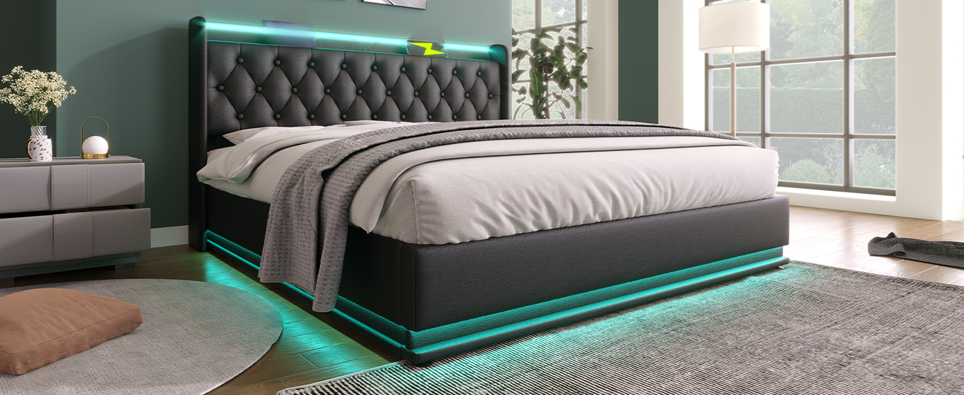 Dark grey upholstered bed frame with tufted headboard and integrated LED lights
