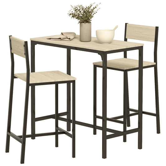 Compact industrial style bar table and two stools with light oak finish and black metal frame