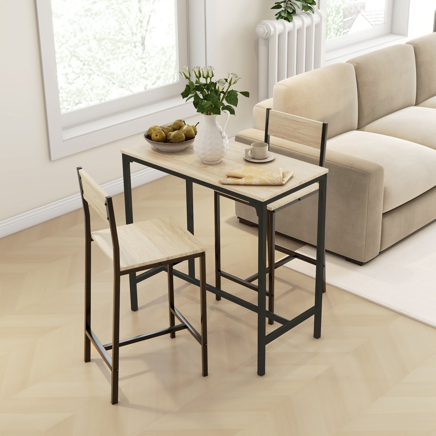 Light wood and black metal bar stool with a minimalist design