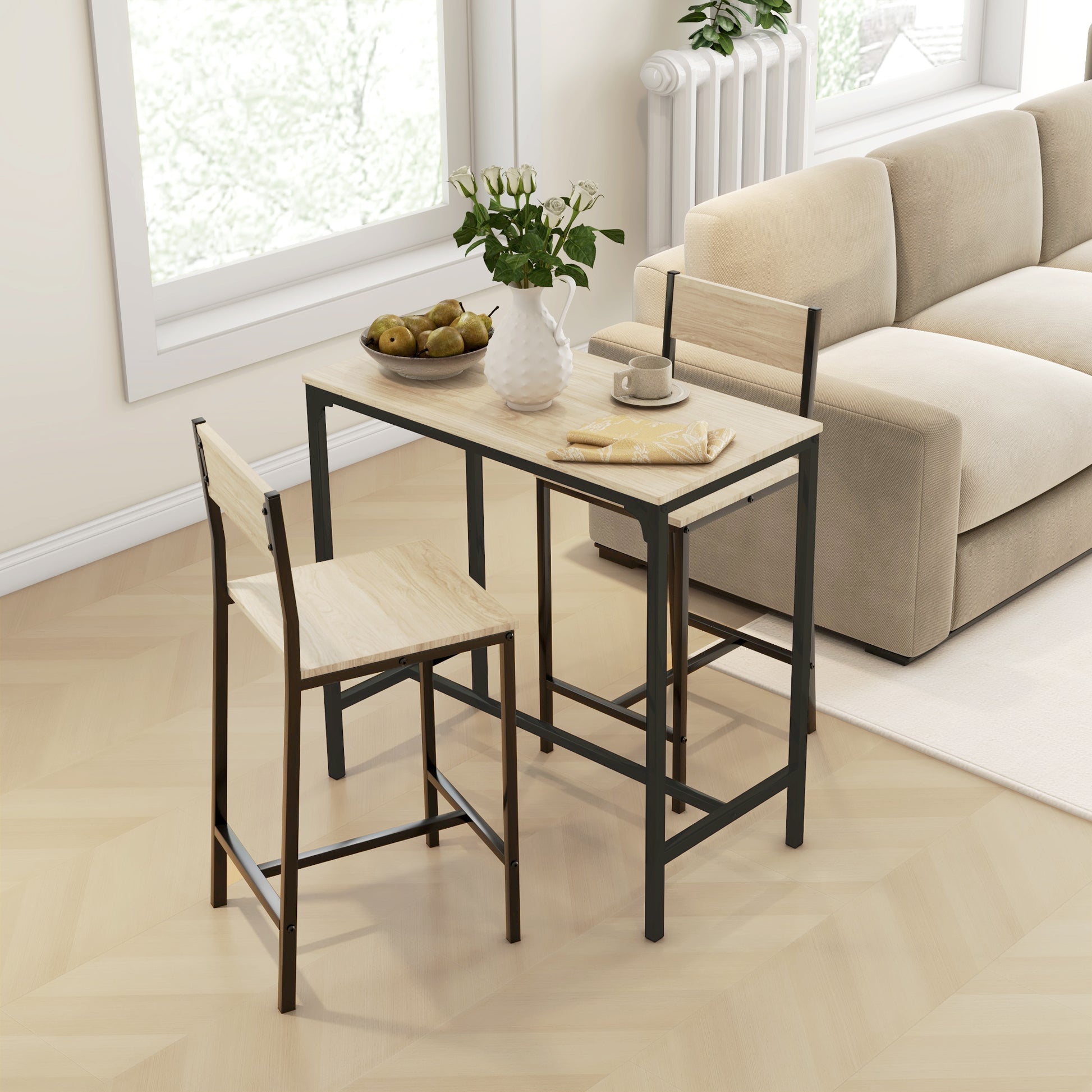 Light wood and black metal bar stool with a minimalist design