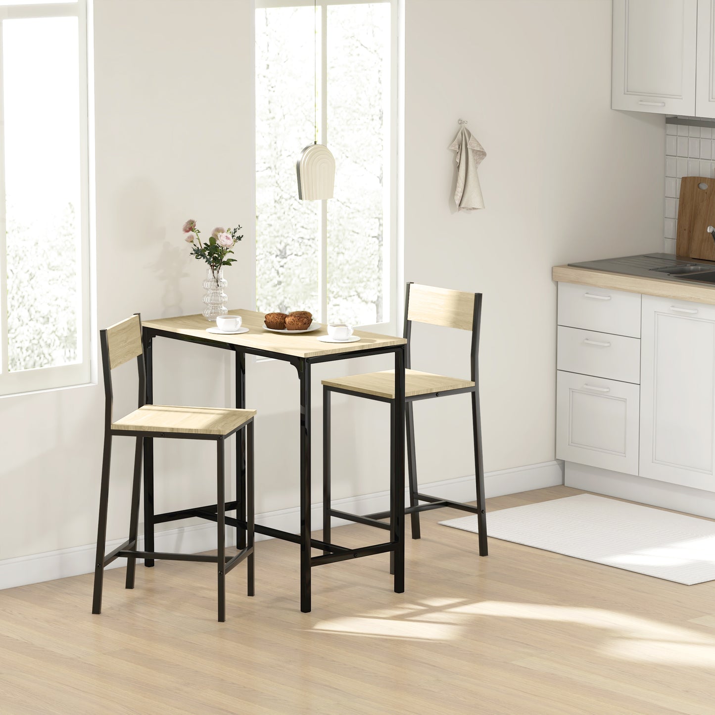 Light wood and black metal bar stool with slatted back perfect for a modern kitchen