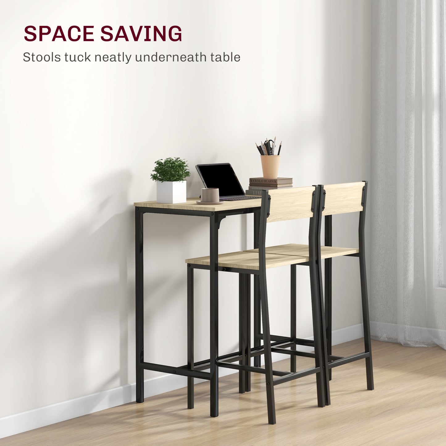 Compact breakfast bar table with light wood top and black metal frame includes two stools