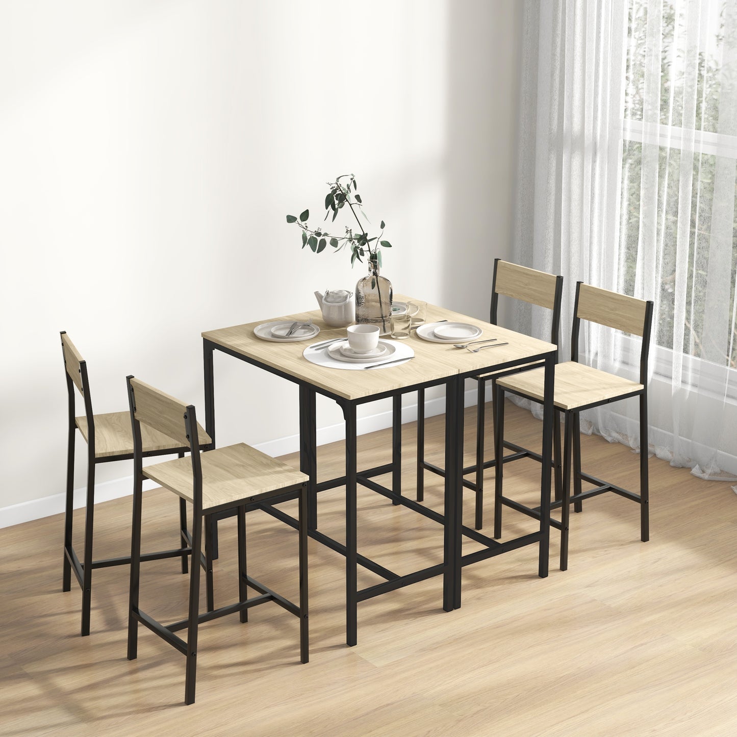 Modern piece bar set with light oak table and black metal frame perfect for small spaces