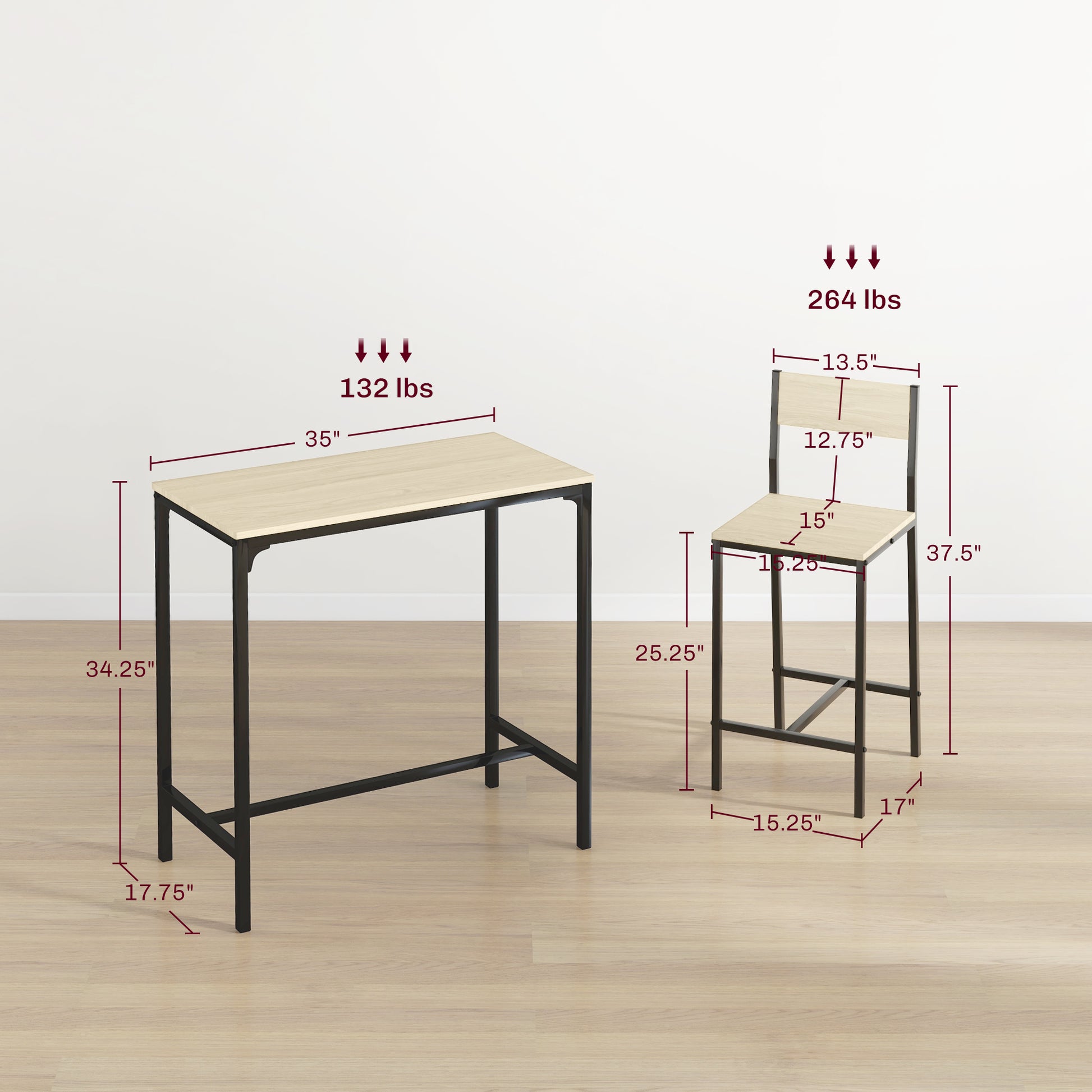 Modern industrial bar table with light wood top and black metal frame  width