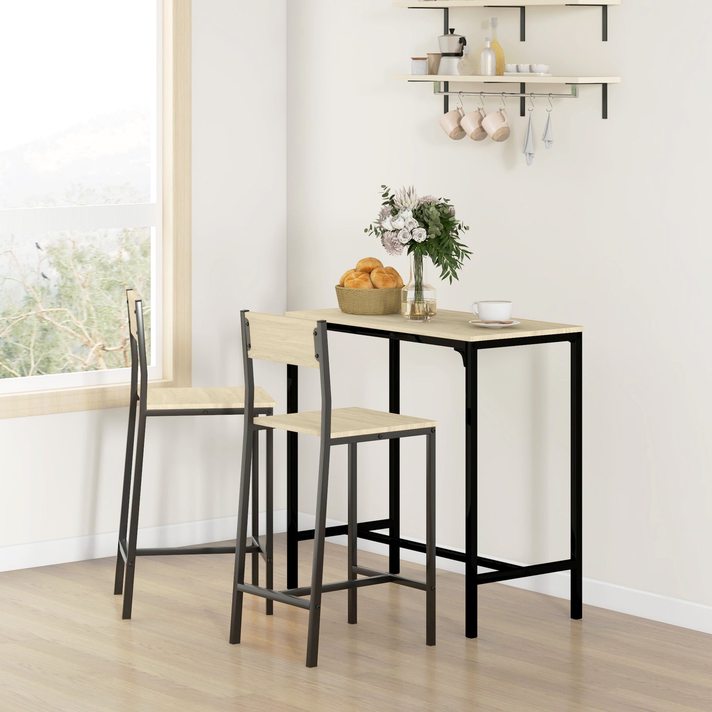 Modern industrial bar stool with light wood seat and black metal frame
