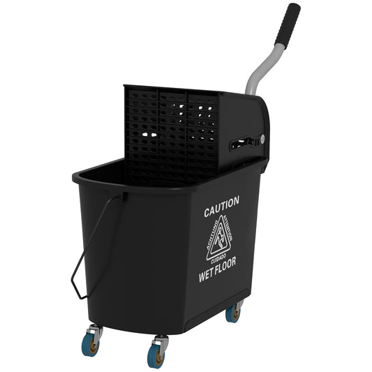 Black commercial mop bucket with integrated wringer and rolling casters