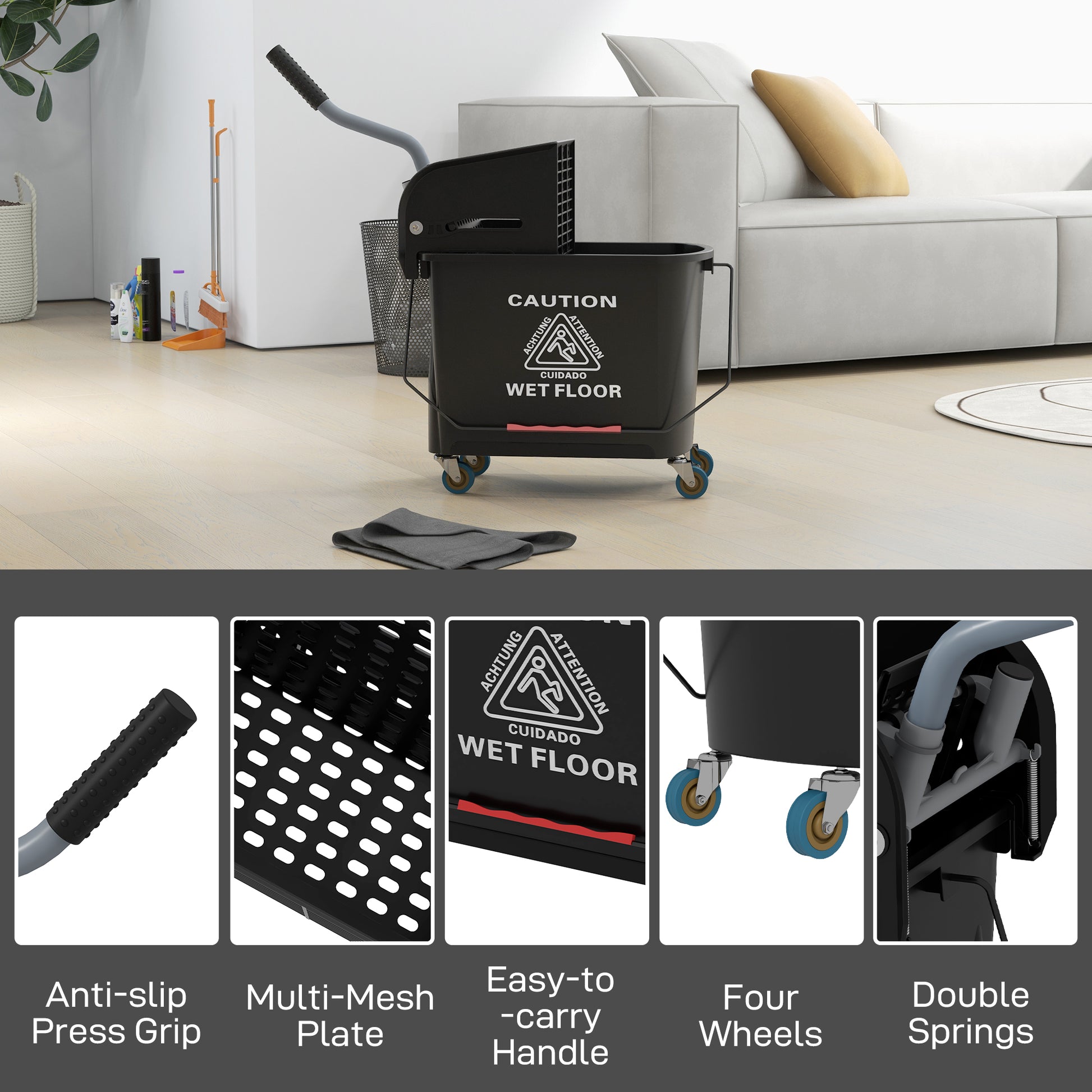 Black mop bucket with caution wet floor sign and sturdy wheels for easy transport