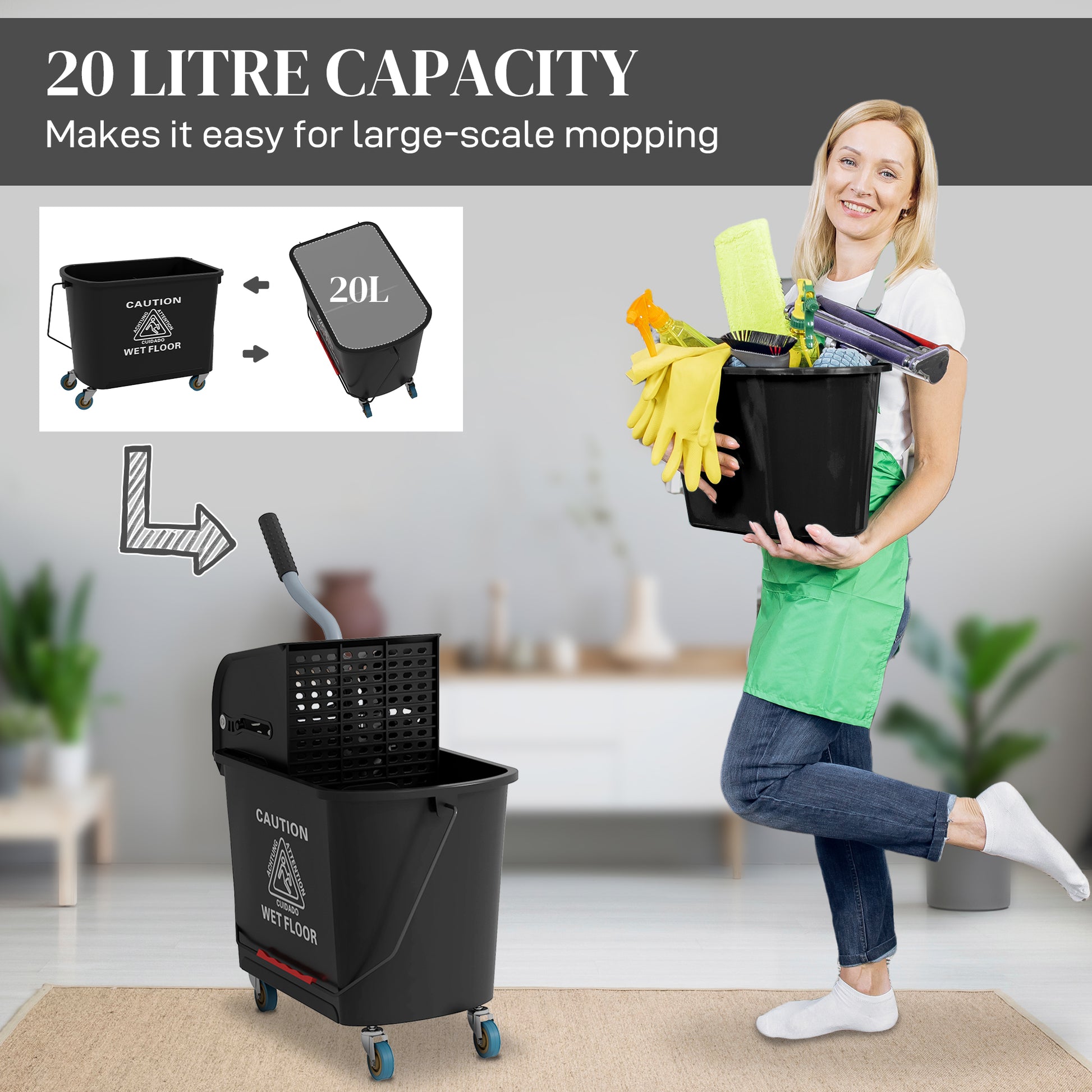 Black liter mop bucket with wringer and wheels for efficient cleaning