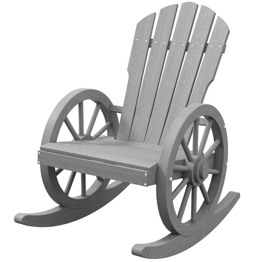 Rustic grey wooden wagon wheel rocking chair for outdoor patios