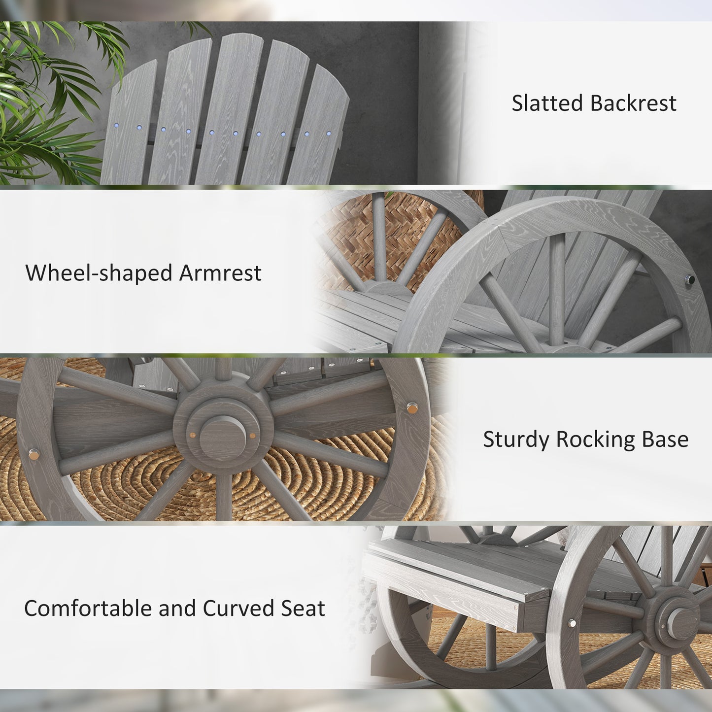 Gray wooden rocking chair with a slatted backrest for outdoor comfort
