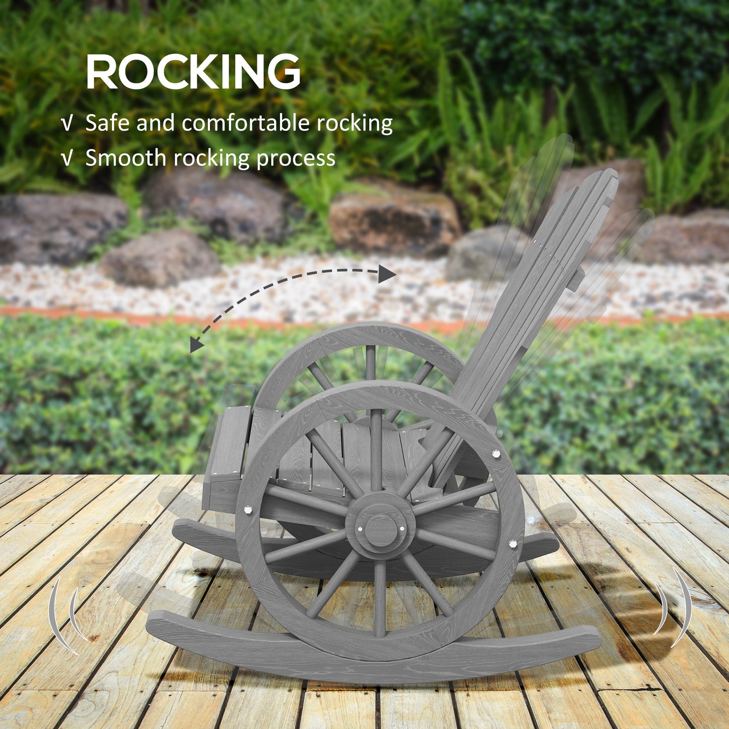 Gray wooden rocking chair with a wagon wheel design perfect for patio relaxation
