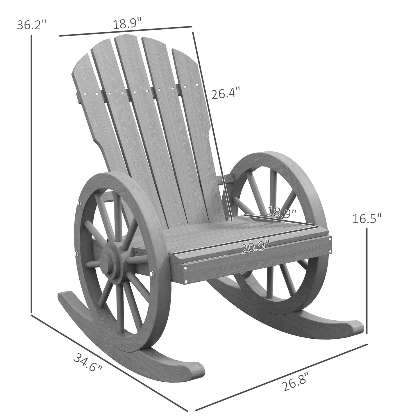 Grey wooden wagon wheel rocking chair with slatted back and seat